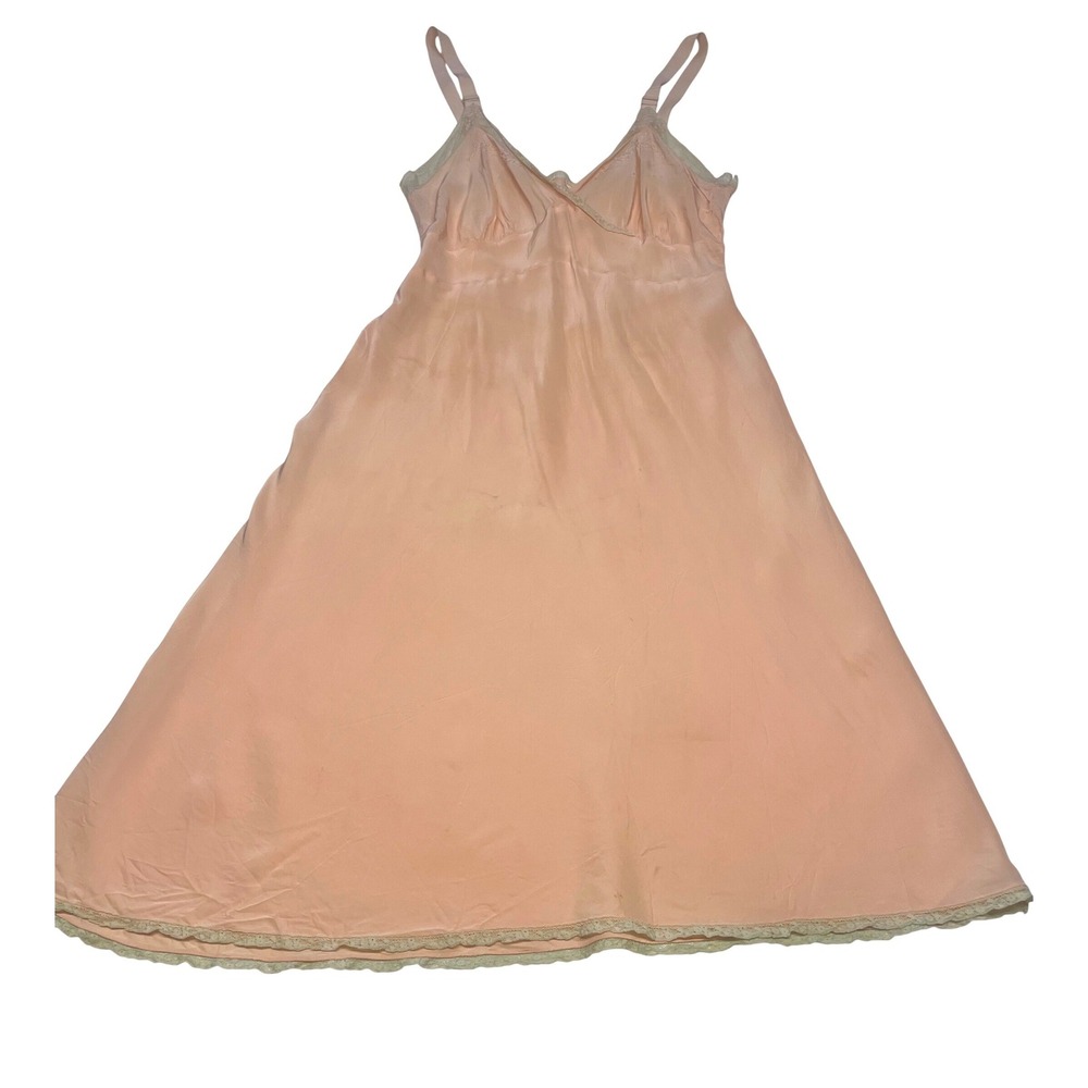 1930s Peach Rayon Slip Dress Embroidered Lace Bias Cut Lingerie Antique Boudoir